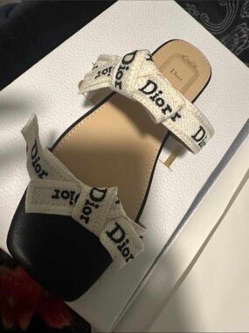 Dior Cream Logo Bow Slide Mules with Black Footbed